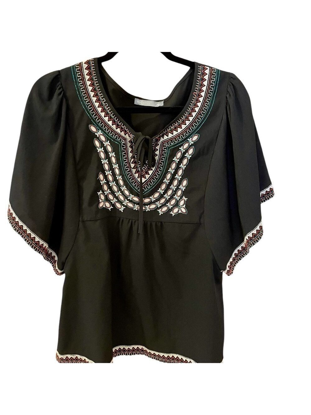 Octavia Black Embroidered Tunic Blouse, Size L, Flowy Sleeves Bohemian